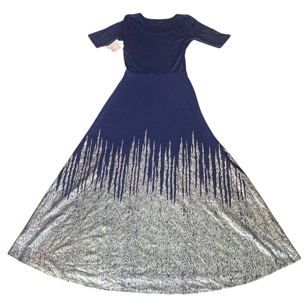 Lularoe Ana Dress Size M Blue Silver Metallic Sparkle Short Sleeve Formal